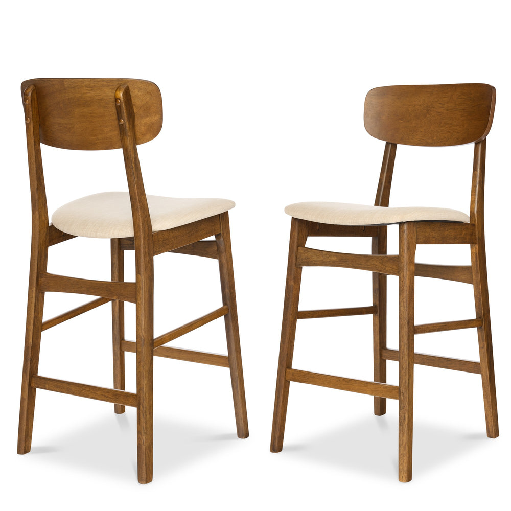2-Piece Farmhouse Counter Height Bar Stool Set W/ Cushioned Seat, Backrest - Walnut/Cream 1769