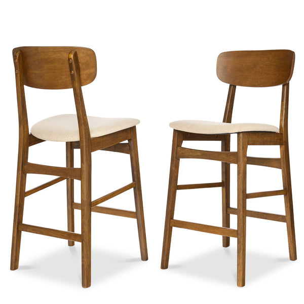 2-Piece Farmhouse Counter Height Bar Stool Set W/ Cushioned Seat, Backrest - Walnut/Cream 1769