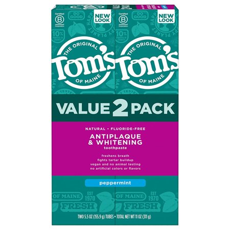 Tom's of Maine Fluoride-Free Antiplaque & Whitening Natural Toothpaste, Peppermint, 5.5 oz. 2-Pack 1305
