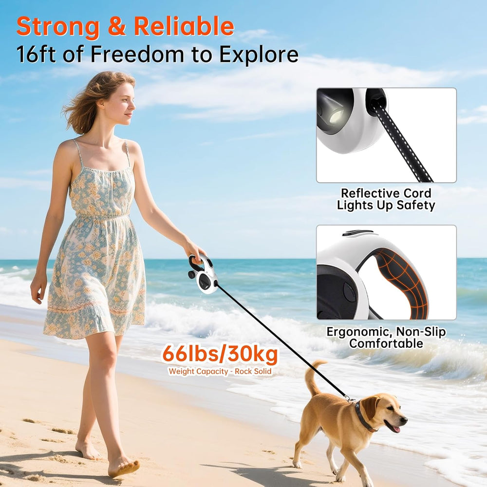 16Ft Retractable Dog Leash with LED Light, Heavy Duty Leash for Medium Dogs (20 66 lbs), 360  Tangle-Free, Built-in Poop Bag Dispenser -G8-0190
