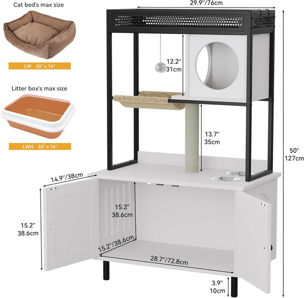 YITAHOME Cat Litter Box Enclosure with Shelves and Charging Station, Large Hidden Wooden Cabinet with Scratch Post, Feeding Station, and House Condo, White - H1 - 1896