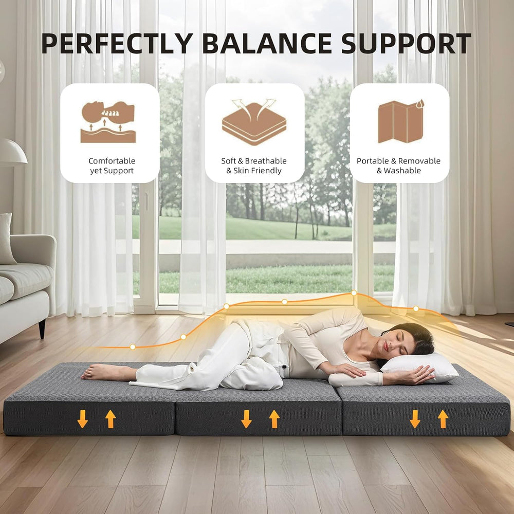 Tri Folding Mattress - Foldable Mattress for Travel/RV/Camping/Road Trip/Guest Room/Yoga, Tri-fold Memory Foam Mattress with Washable Cover, Handle & Non-Slip Bottom - H1 - 976