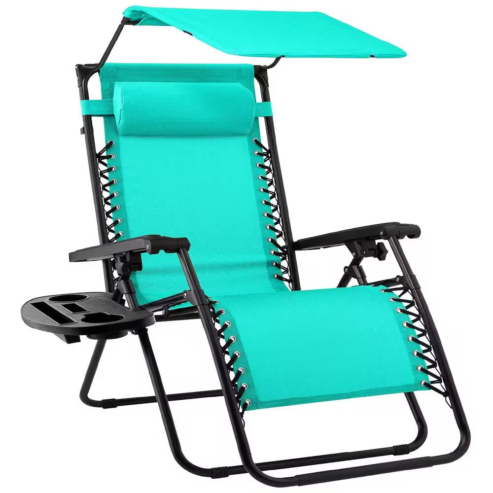 Zero Gravity Folding Reclining Mint Fabric Outdoor Lawn Chair with Canopy Shade, Headrest Tray - M3 - 1948