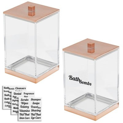 mDesign Small Apothecary Storage Jar with Labels for Bathroom - Clear/Rose Gold -K4-1448