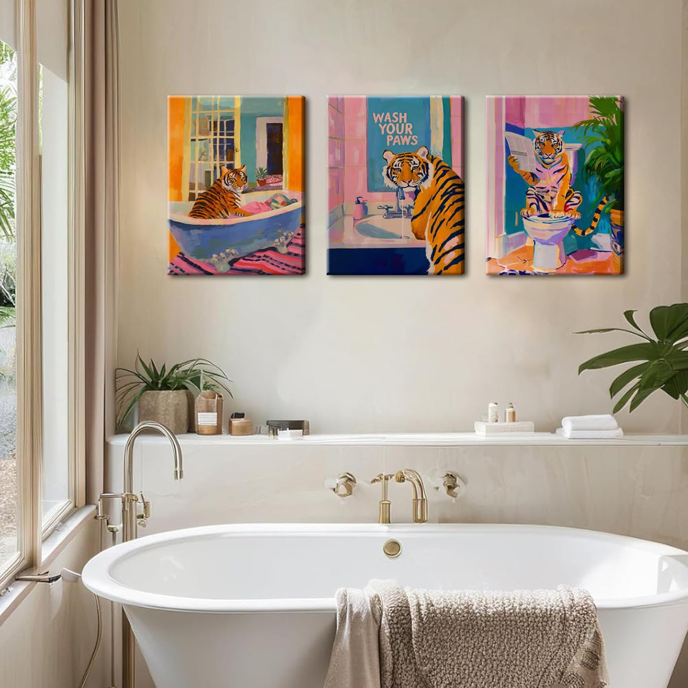 Funny Tiger Bathroom Wall Art Set of 3 Whimsical Tiger in Bathtub Canvas Wall Decor Painting Maximalist Animal Bathroom Poster Print Aesthetic 12x16 inch Framed 1409
