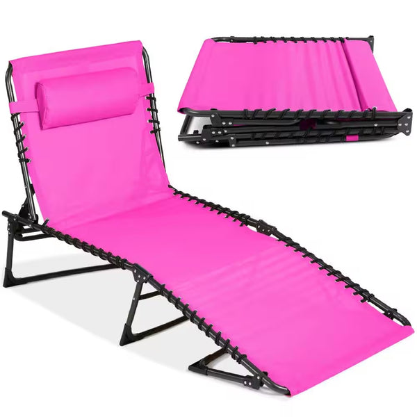 Metal Outdoor Chaise Lounge Chair, Portable Adjustable Folding Patio Recliner with Pillow in Dark Pink - D7 - 584
