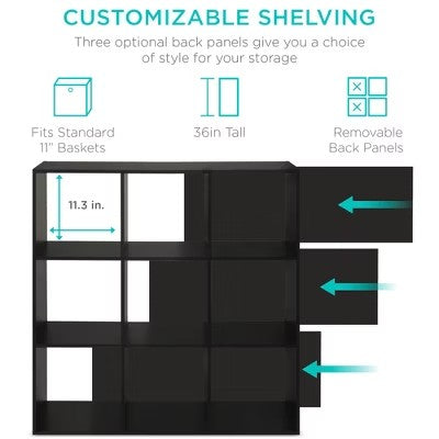 Best Choice Products 9-Cube Bookshelf, Display Storage System, Compartment Organizer w/ 3 Removable Back Panels - Black - D9 - 1469