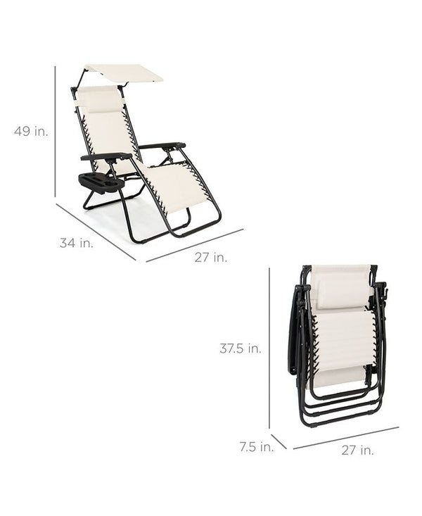 Best Choice Products Folding Zero Gravity Recliner Patio Lounge Chair w/ Canopy Shade, Headrest, Tray - Ivory/Cream 1805