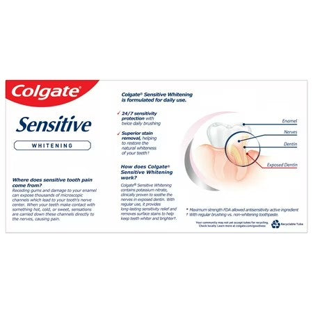 Colgate Sensitive Whitening Toothpaste Gel, Fresh Mint, 6 oz, 2 Pack - B13 - 628