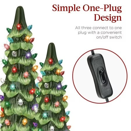 Best Choice Products Set of 3 XL Pre-Lit Hand-Painted Ceramic Tabletop Christmas Trees w/Multi Lights Green - H7 - 1079