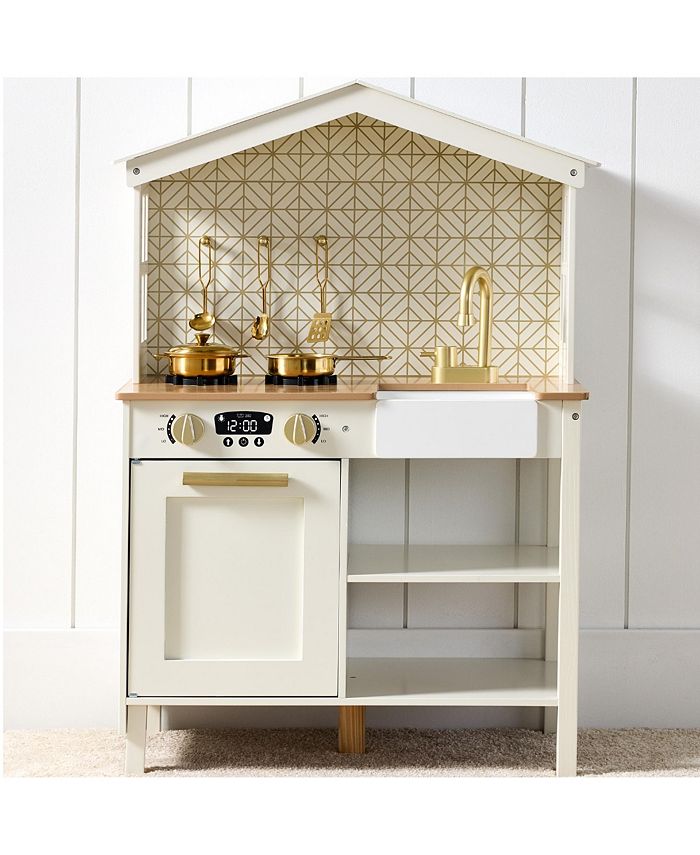 Best Choice Products Pretend Play Wooden Farmhouse Kitchen Set w/ Storage, Clicking Knobs, 5 Accessories - Tan/Beige - No Size -L4-0041