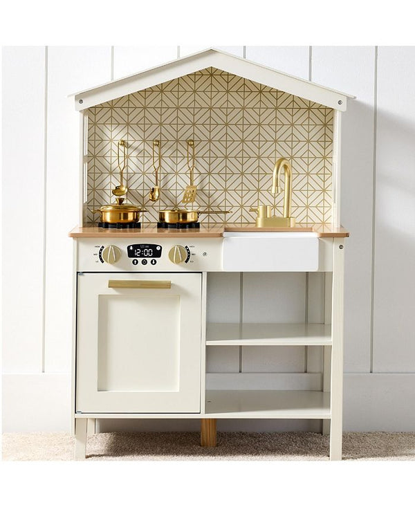 Best Choice Products Pretend Play Wooden Farmhouse Kitchen Set w/ Storage, Clicking Knobs, 5 Accessories - Tan/Beige - No Size -L4-0041