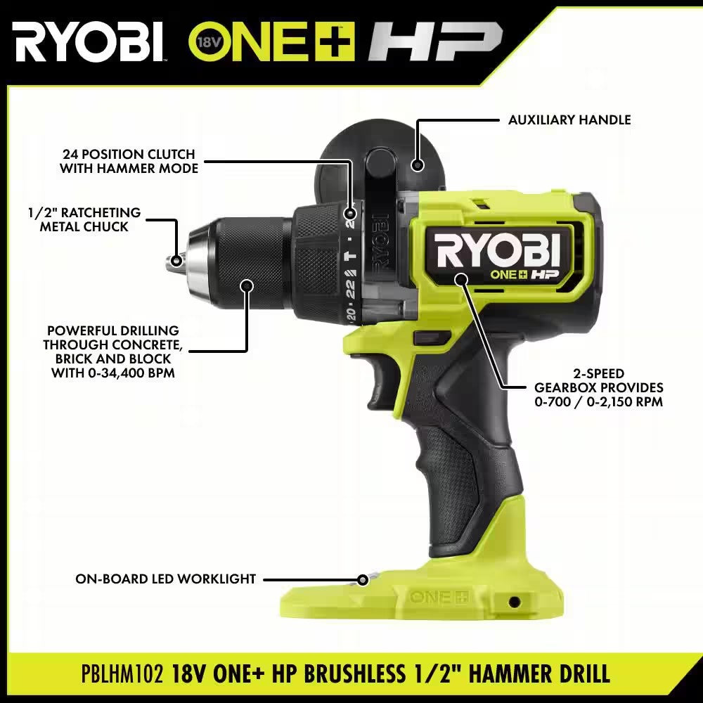 ONE+ HP 18V Brushless Cordless 1/2 in. Hammer Drill Kit 4.0 Ah HIGH PERFORMANCE Battery, Charger, and Bag 1670