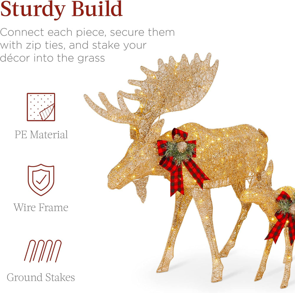 Best Choice Products 2-Piece Moose Family, Lighted Outdoor All-Weather Christmas Yard Decoration Light-Up D cor Set w/ 170 LED Lights, Ground Stakes, Zip Ties - Gold - A8 - 1459