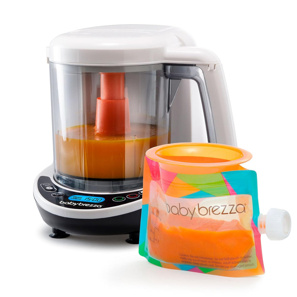 Baby Brezza One Step Baby Food Maker Deluxe   Auto shut Off, Dishwasher Safe Cooker and Blender to Steam + Puree Organic Food for Infants + Toddlers - Set of 3 Pouches + 3 Funnels - B10 - 1249