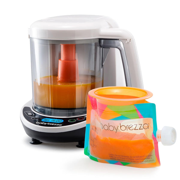 Baby Brezza One Step Baby Food Maker Deluxe   Auto shut Off, Dishwasher Safe Cooker and Blender to Steam + Puree Organic Food for Infants + Toddlers - Set of 3 Pouches + 3 Funnels - B10 - 1249