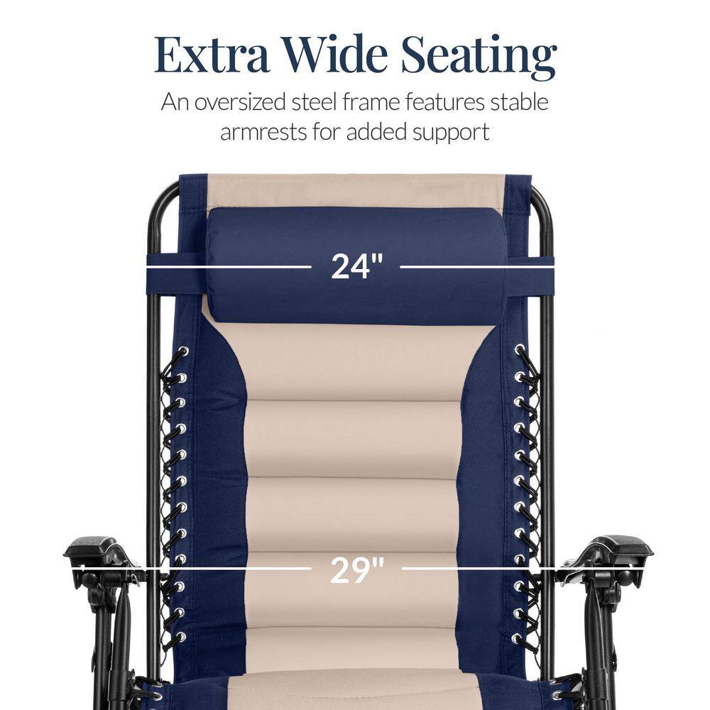 Oversized Padded Zero Gravity Navy/Oyster Metal Reclining Outdoor Lawn Chair with Side Tray - C9 - 1449
