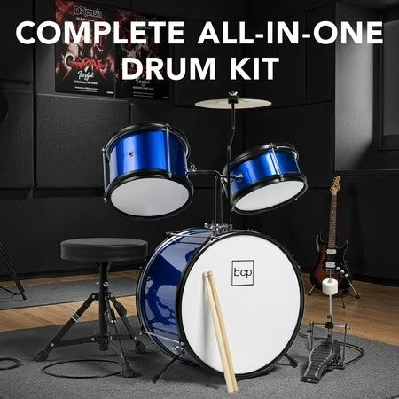 Best Choice Products Kids Beginner 3-Piece Drum, Musical Instrument Set w/ Sticks, Cushioned Stool, Drum Pedal - Blue - E2 - 962