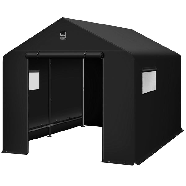 10x8ft Outdoor Fabric Storage Shed Steel Frame Dual Roll-up Zipper Doors Window - Black 1227