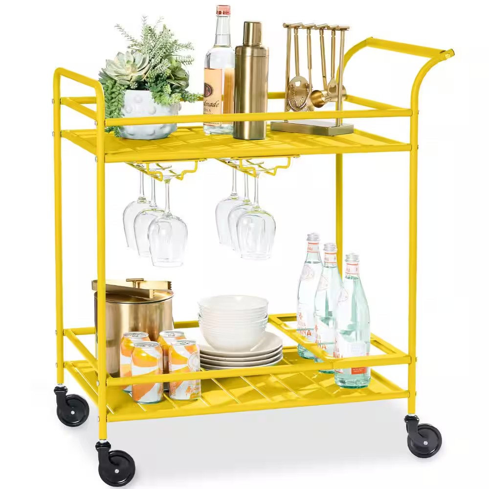 2-Tier Yellow Outdoor/Indoor Metal Bar Serving Cart with Storage Shelves and Lockable Wheels -A6-0498