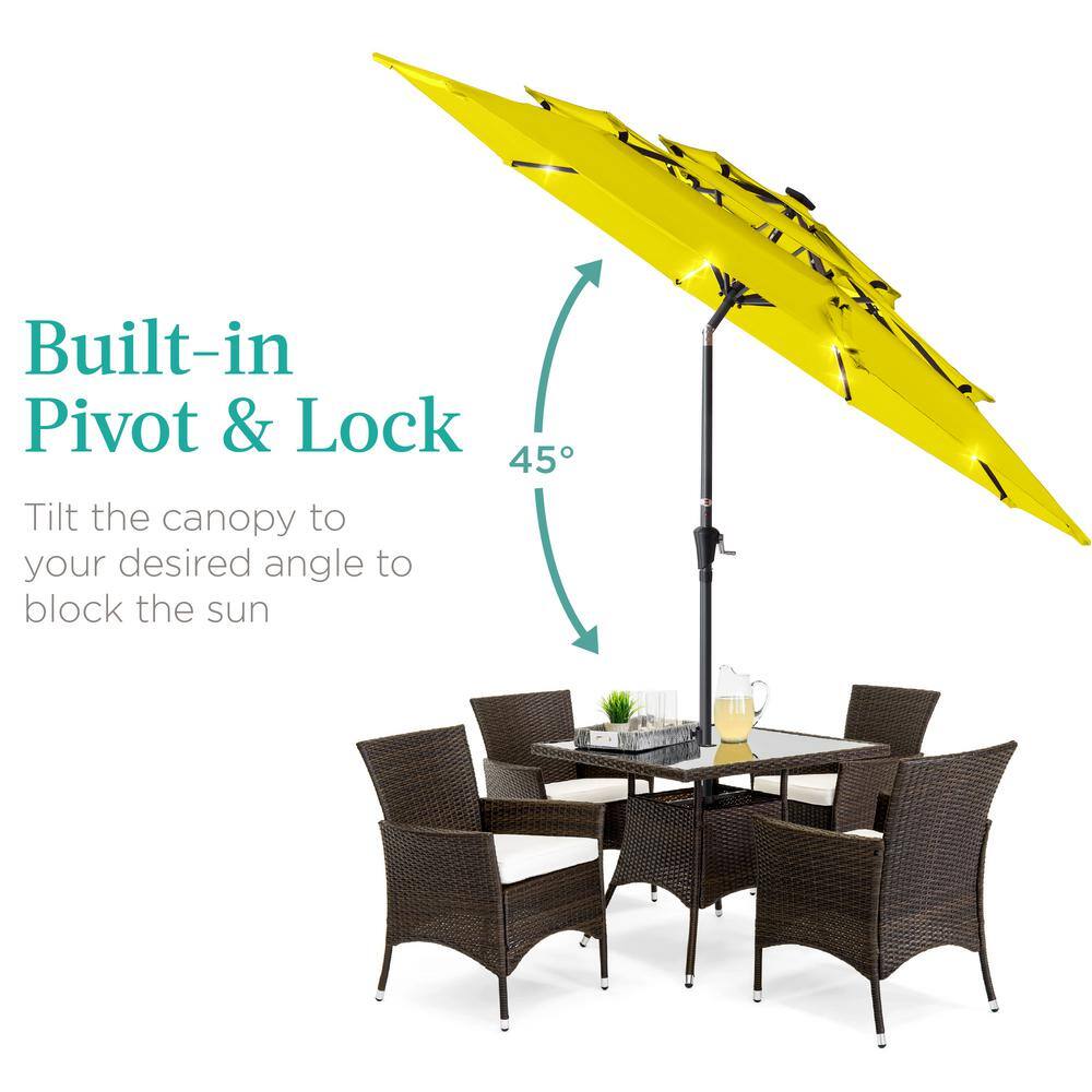10 ft. Steel Market Solar Tilt Patio Umbrella with 24-LED Lights, Tilt Adjustment, Easy Crank in Yellow - E3 - 963