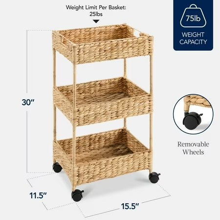 Best Choice Products 3-Tier Water Hyacinth Rolling Nursery Caddy w/ Wheels, Utility Cart, Storage Organization - Natural - H4 - 1034