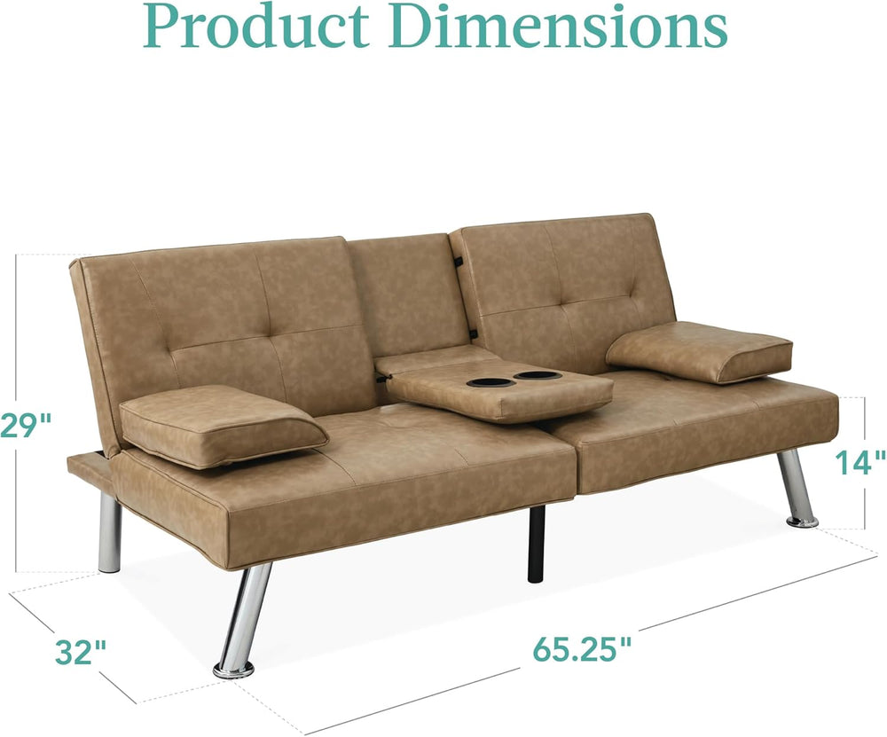 Best Choice Products Faux Leather Upholstered Modern Convertible Futon, Adjustable Folding Sofa Bed, Guest Bed w/Removable Armrests - Taupe - H3 - 1012