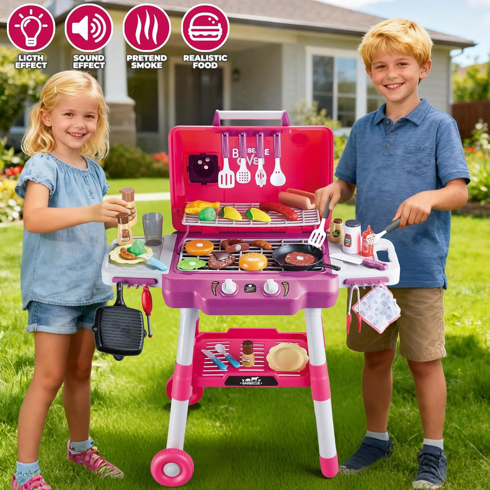 Kids Kitchen Toy Set, Kids BBQ Grill Playset with Smoke Sound Light, 2-Layer Barbecue Toy with Wheel, Simulation Cooking Interactive Toys, Kid Kitchen Playset, Christmas Birthday Gift for Boys Girls 1289