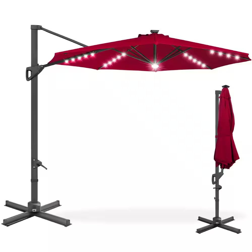10 ft. 360-Degree Solar LED Cantilever Patio Umbrella, Outdoor Hanging Shade with Lights in Burgundy - E3 - 1621