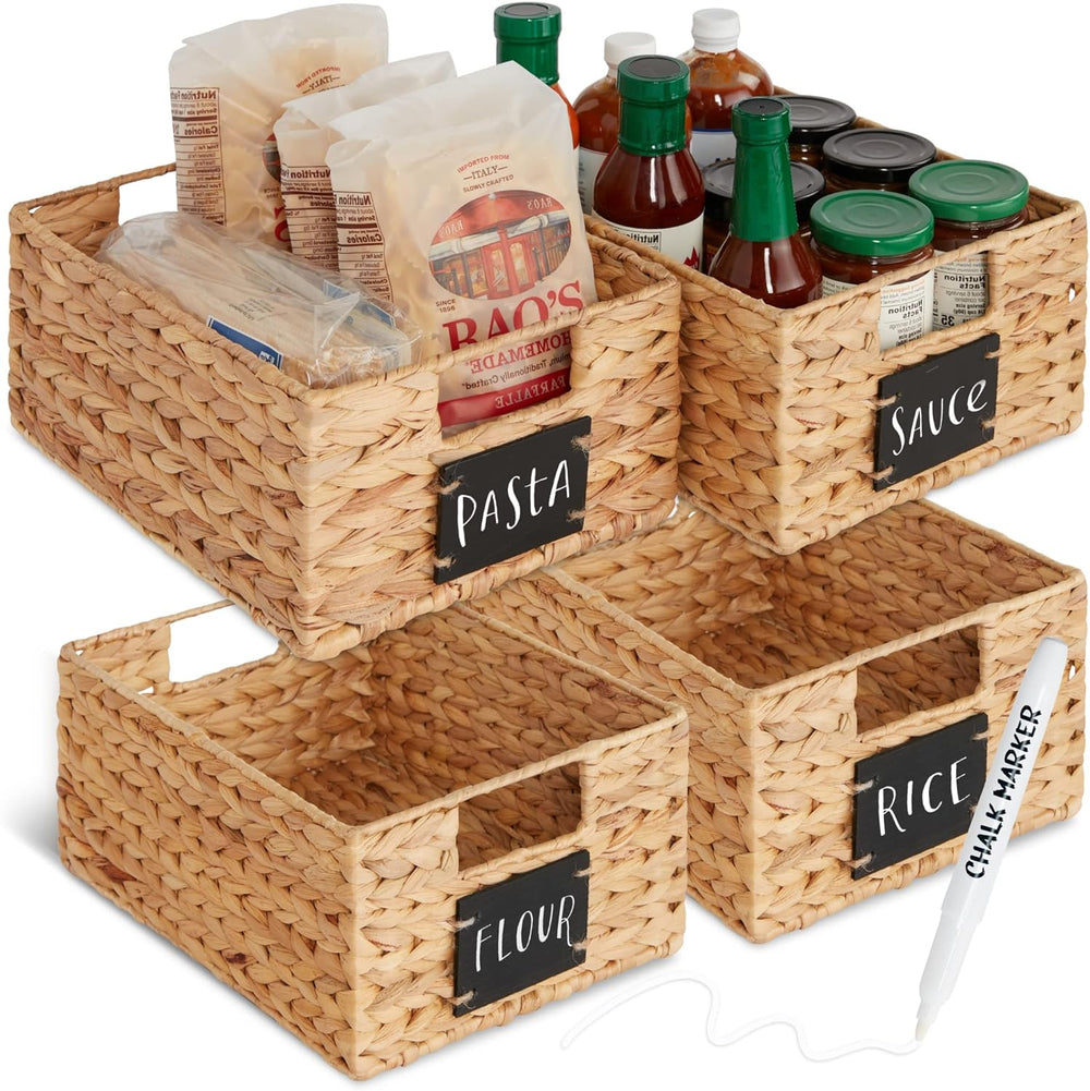 Best Choice Products Set of 4 9x12in Water Hyacinth Pantry Baskets, Woven Organizers w/Chalkboard Label, Chalk Marker - Natural - B2 - 1039