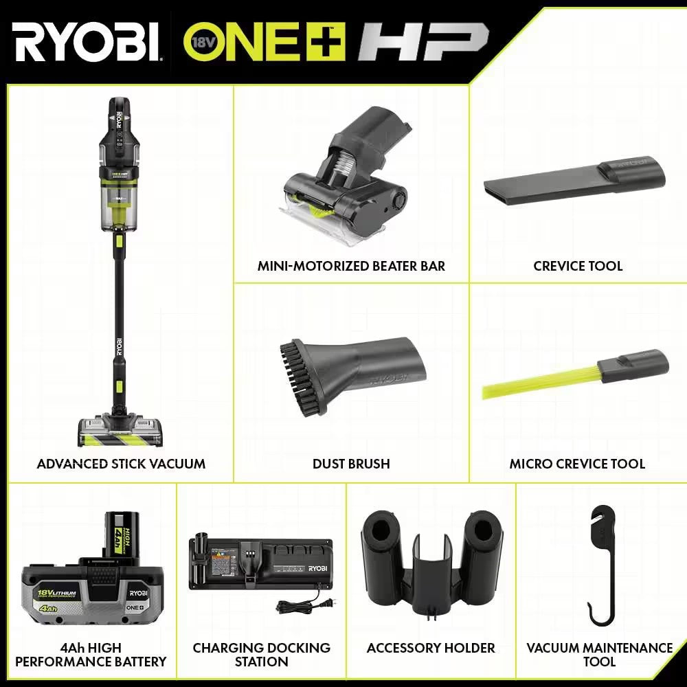 RYOBI ONE+ HP 18V Cordless Advanced WHISPER Series Stick Vacuum Kit with 4.0 Ah Battery and Charger 1063b