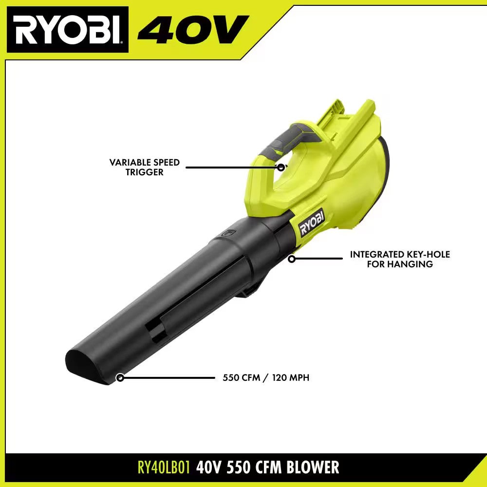 RYOBI 40V 120 MPH 550 CFM Cordless Battery Leaf Blower With 4.0 Ah Battery and Charger B1040
