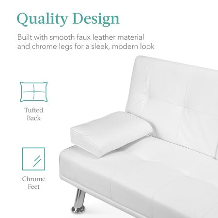 Best Choice Products Modern Faux Leather Convertible Futon Sofa w/ Removable Armrests, 2 Cupholders - White - H8 - 1087
