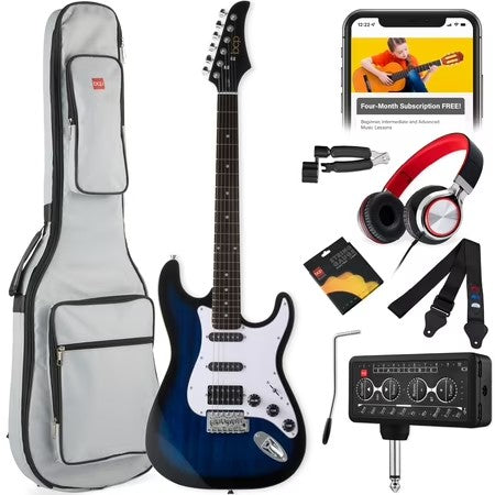 Best Choice Products Beginner HSS Electric Guitar Kit w/ Headphone Amp, Gig-Bag, Headphones - Hollywood Blue/White - G9 - 1027
