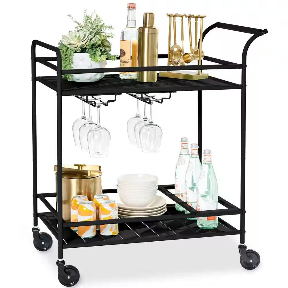 2-Tier Black Outdoor/Indoor Metal Bar Serving Cart with Storage Shelves and Lockable Wheels - G2 - 1961