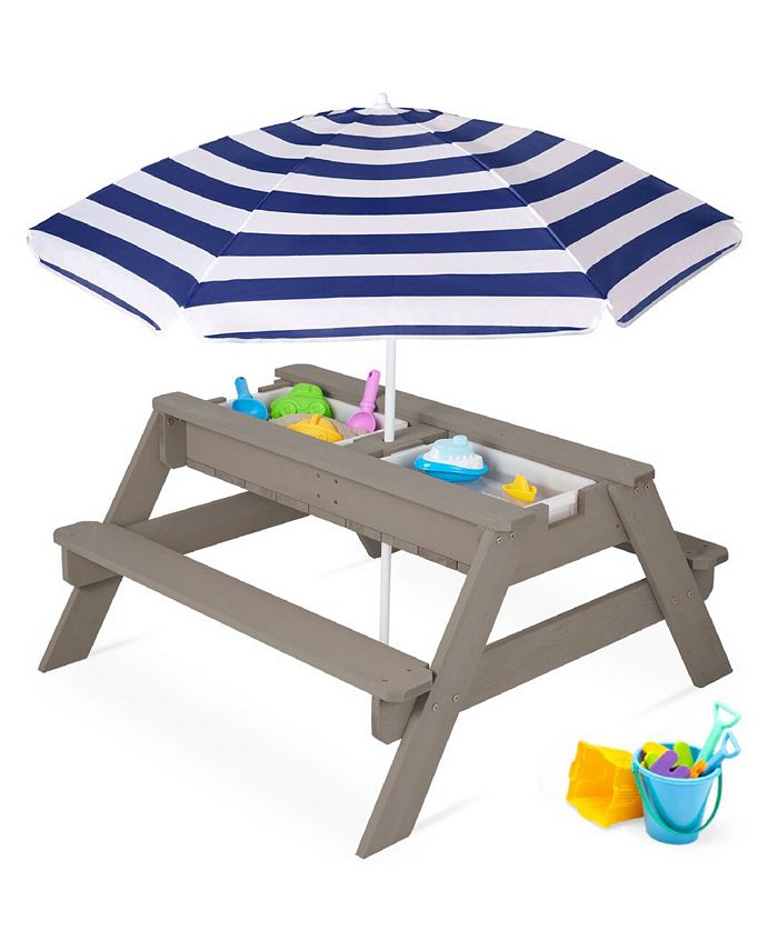 Best Choice Products Kids 3-in-1 Outdoor Convertible Activity Sand & Water Picnic Table w/ Umbrella - Gray - H6 - 98