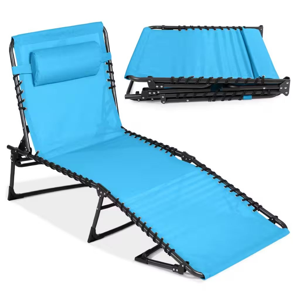 Outdoor Chaise Lounge Chair, Portable Adjustable Folding Patio Recliner with Pillow in Light Blue -D8-0591