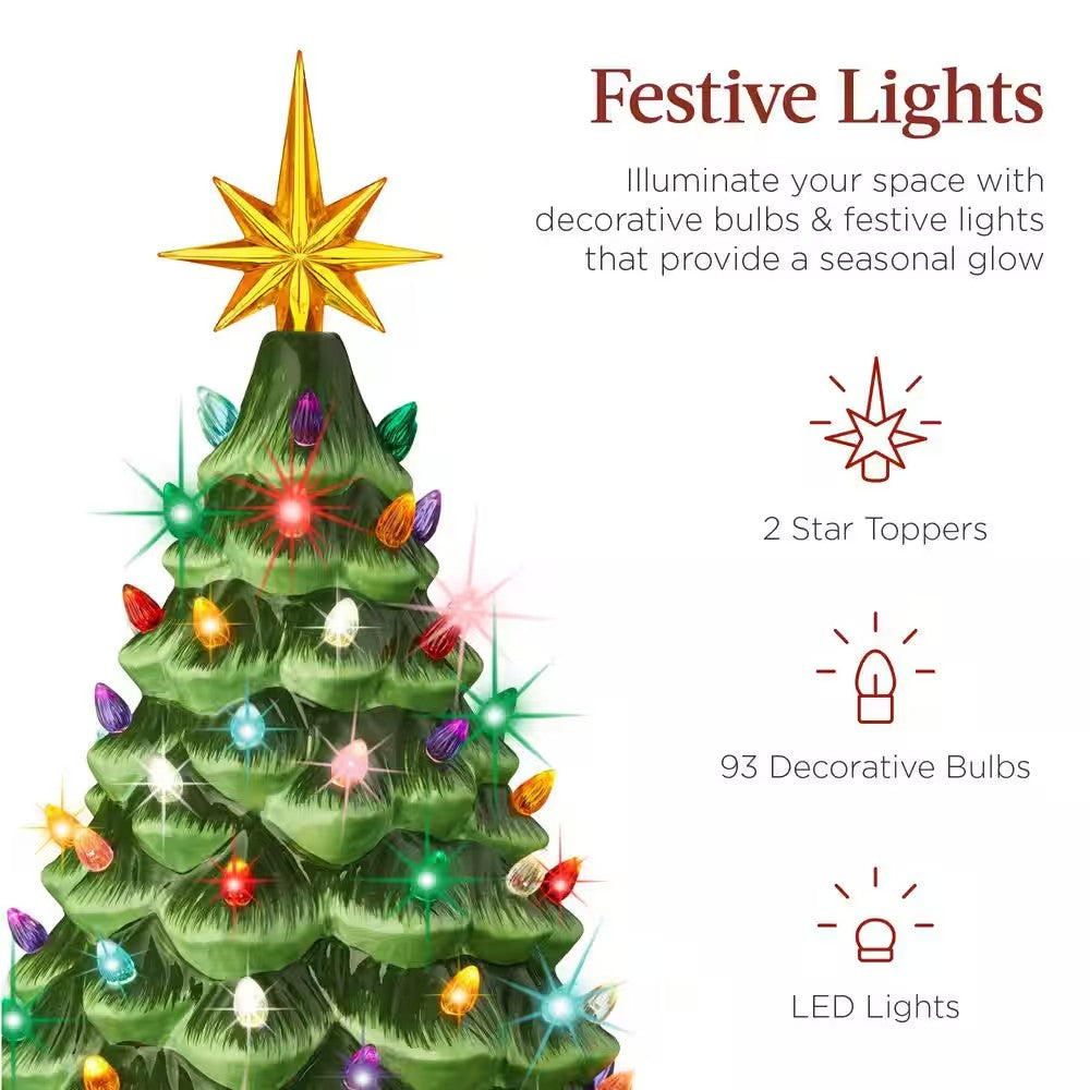 18in. Green Pre-Lit LED Ceramic Artificial Christmas Tree with 93 Multicolor Lights - E7 - 1035
