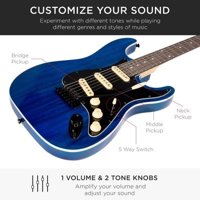 Best Choice Products 39in Full Size Beginner Electric Guitar Kit with Case, Strap, Amp, Whammy Bar Midnight Blue -F1-1628