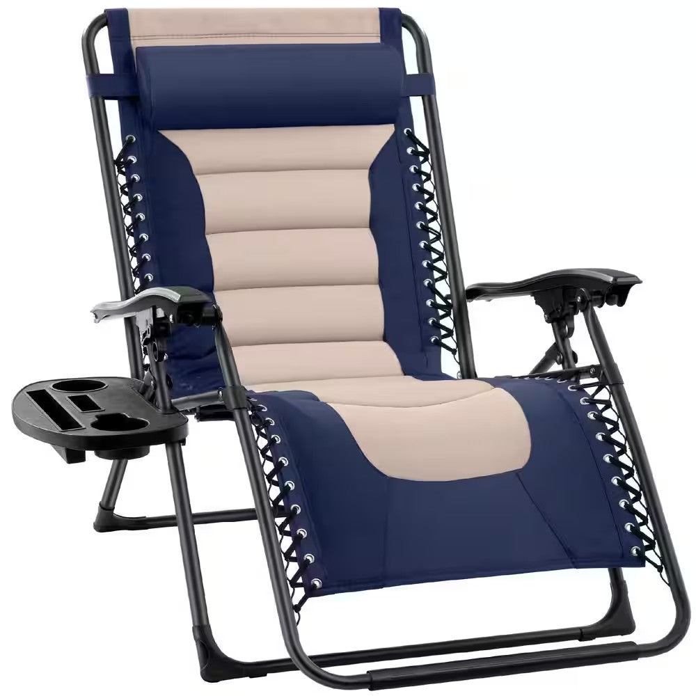 Oversized Padded Zero Gravity Navy/Oyster Metal Reclining Outdoor Lawn Chair with Side Tray - C9 - 1449