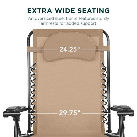 Best Choice Products Oversized Zero Gravity Chair, Folding Outdoor Patio Recliner w/ Cup Holder - Tan -D2-1014