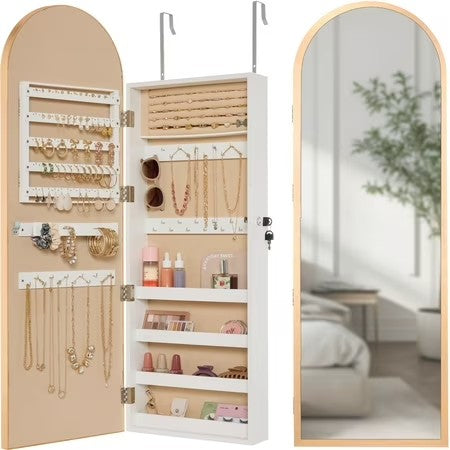 Best Choice Products Door/Wall Mounted Arch Mirror Jewelry Armoire, w/ Metal Frame, Lockable Door - Gold -G3-1964