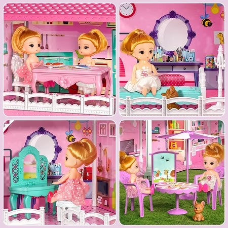 Freecat 3-Story 8 Rooms Playhouse, with 2 Dolls Toy Figures, Dream House Doll House 7-8 for Girls, for Girl Boy Toys Age 3+ 303 - C1