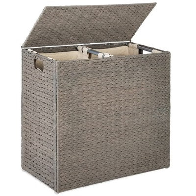 Best Choice Products Large Natural Water Hyacinth Double Laundry Hamper Basket w/ 2 Liner Bags, Handles - Gray - A6 - 463