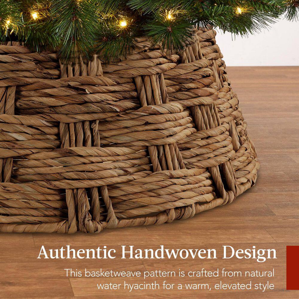 24 in. Basket Woven Hyacinth Christmas Cellulose Tree Collar, Skirt Accessory with Cord Cut-Out in Chestnut - E8 - 1042