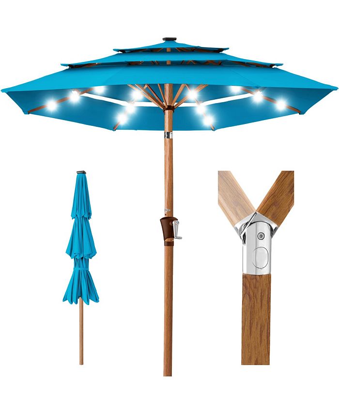 Best Choice Products Woodgrain Pattern 10ft 3-Tier Solar Patio Umbrella w/ 24 LED Lights, Tilt - Blue - B5 - 471