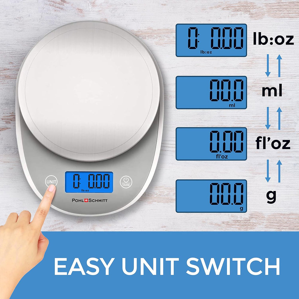 Pohl+Schmitt Digital Food Kitchen Scale, Multifunctional Weight Measuring for Cooking and Baking in Grams/Ounces, Auto Shut-Off, Stainless Steel (Batteries Included) (Silver) -B13-1330