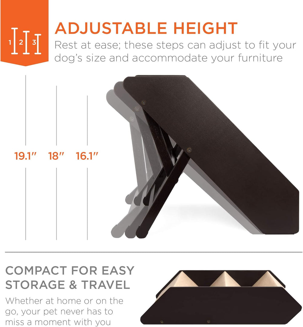 Best Choice Products 3-Step Foldable Adjustable, Non-Slip Wide Wooden Pet Stairs for Living Room, Bedroom, Dog & Cat Sizes Small, Medium, Large w/Carpet, No Assembly, Ideal for Injured, Elderly Pets 1486