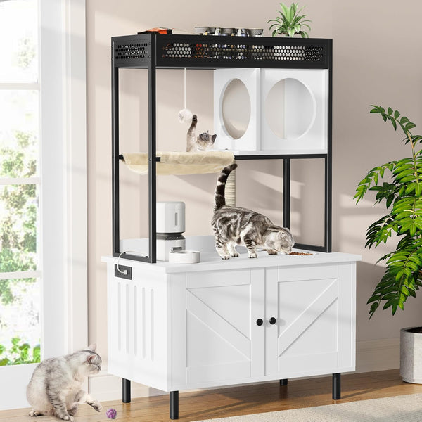 YITAHOME Cat Litter Box Enclosure with Shelves and Charging Station, Large Hidden Wooden Cabinet with Scratch Post, Feeding Station, and House Condo, White - H1 - 1896