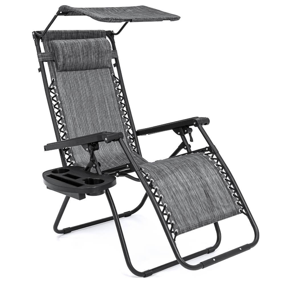 Zero Gravity Folding Reclining Gray Fabric Outdoor Lawn Chair w/Canopy Shade, Headrest Tray - M6 - 24